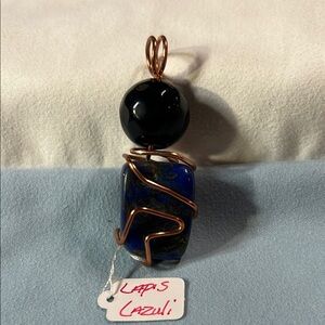Elegant Copper Wrapped Lapis Lazuli and Black Onyx Pendant